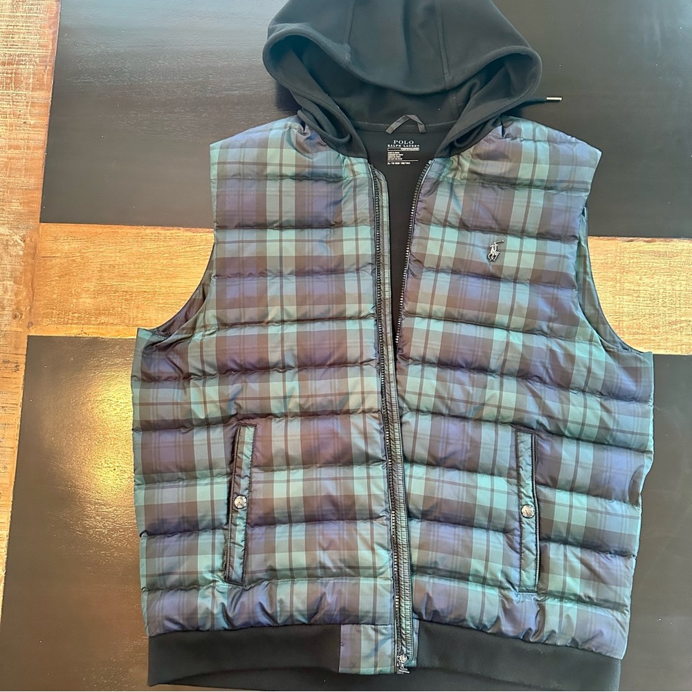 Polo by Ralph Lauren Black hooded Performance Down Puffer Plaid Vest Size XL